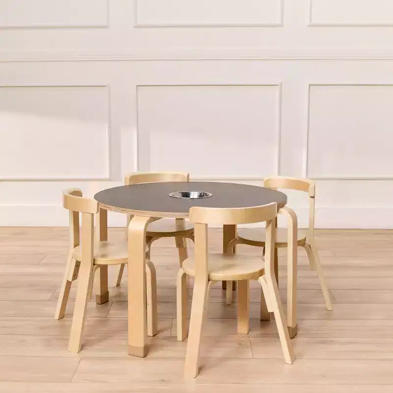 Table ronde ardoise ECR4Kids en bois courbé et ensemble de chaises à dossier incurvé, meubles pour enfants, naturel, 5 pièces