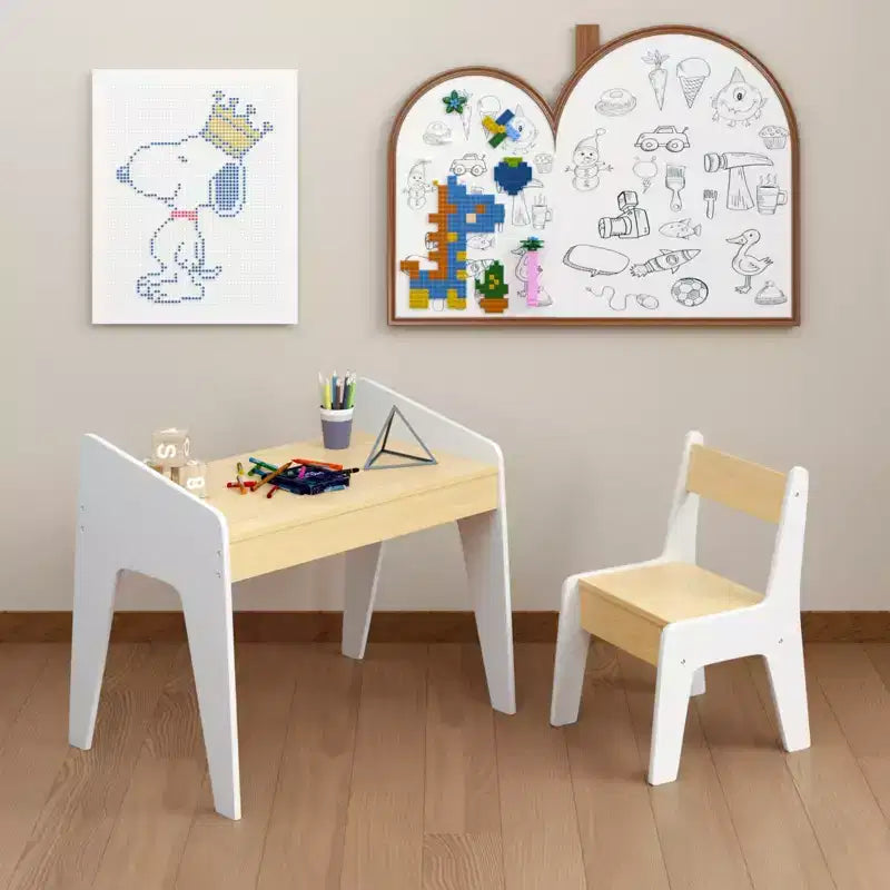 Kids Table Set with One Chair, Wooden Children Study Table, 2-8 Age Kids Funiture , White+Natural