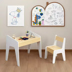 Kids Table Set with One Chair, Wooden Children Study Table, 2-8 Age Kids Funiture , White+Natural