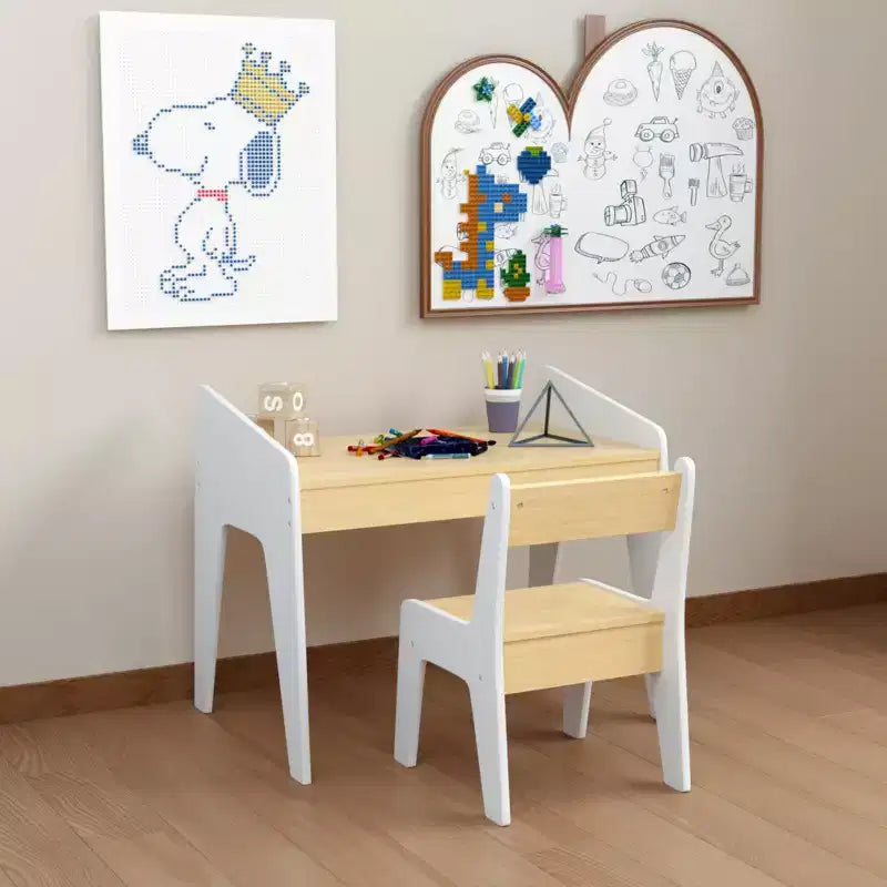 Ensemble table et chaise pour enfants, table d'étude en bois pour enfants, meubles pour enfants de 2 à 8 ans, blanc+naturel