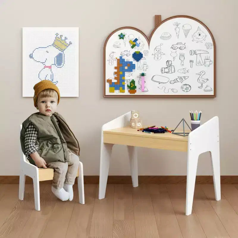 Ensemble table et chaise pour enfants, table d'étude en bois pour enfants, meubles pour enfants de 2 à 8 ans, blanc+naturel
