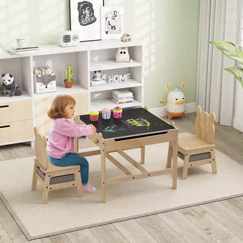 Costway Table et Chaises pour Enfants 4 en 1 Table d'Activités pour Enfants avec Tableau pour Dessin Gris+Naturel/Orange+Naturel