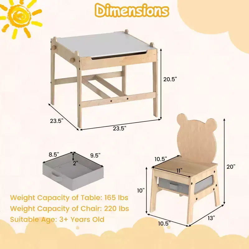 Costway Table et Chaises pour Enfants 4 en 1 Table d'Activités pour Enfants avec Tableau pour Dessin Gris+Naturel/Orange+Naturel