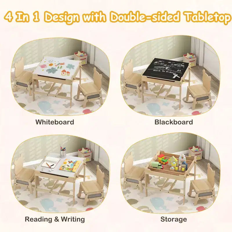 Costway Table et Chaises pour Enfants 4 en 1 Table d'Activités pour Enfants avec Tableau pour Dessin Gris+Naturel/Orange+Naturel