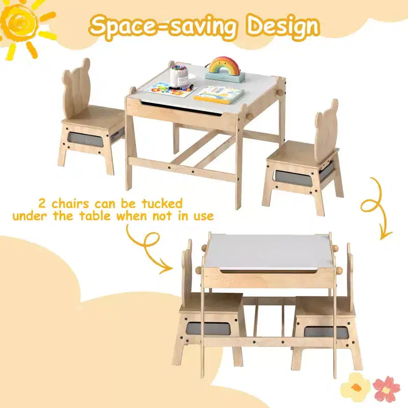 Costway Table et Chaises pour Enfants 4 en 1 Table d'Activités pour Enfants avec Tableau pour Dessin Gris+Naturel/Orange+Naturel