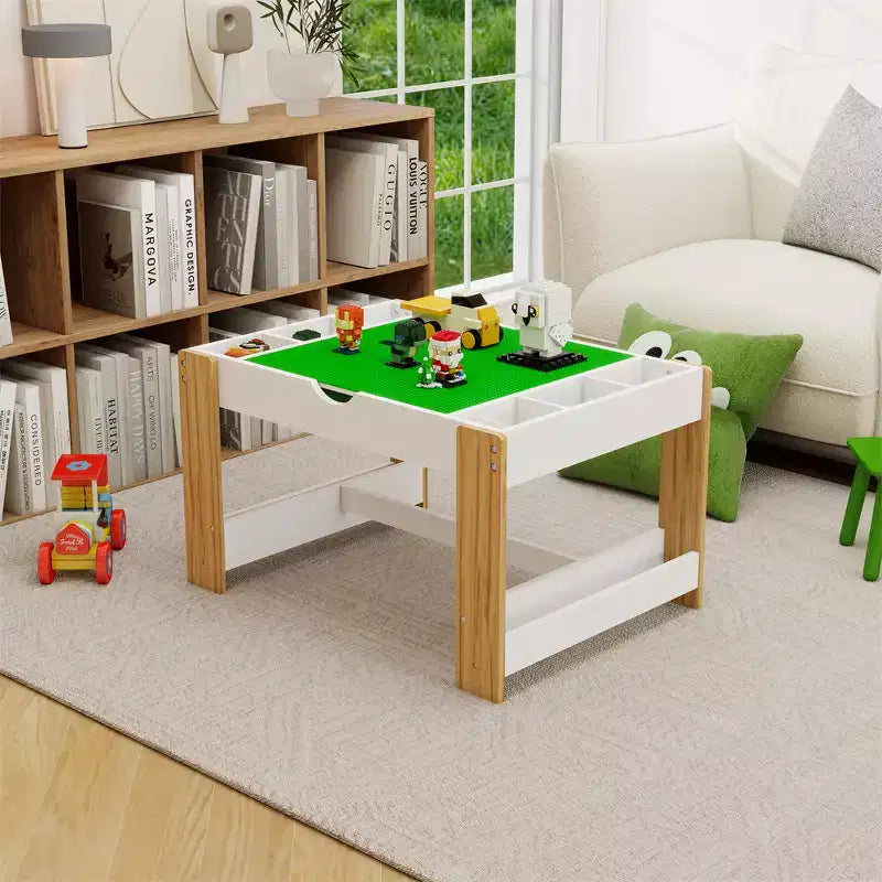 Table de jeu 2-en-1 pour enfants, table d'activités et d'apprentissage moderne avec 6 compartiments de rangement compatibles avec les blocs de construction, mobilier de jeu