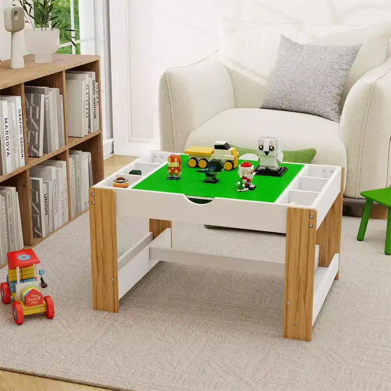 Table de jeu 2-en-1 pour enfants, table d'activités et d'apprentissage moderne avec 6 compartiments de rangement compatibles avec les blocs de construction, mobilier de jeu