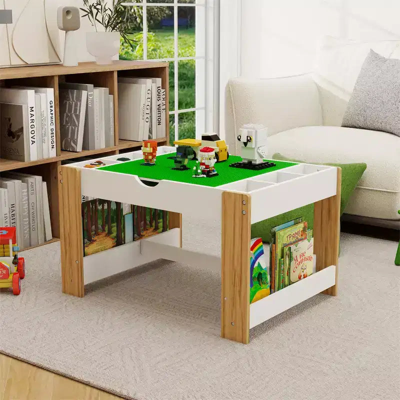 Table de jeu 2-en-1 pour enfants, table d'activités et d'apprentissage moderne avec 6 compartiments de rangement compatibles avec les blocs de construction, mobilier de jeu