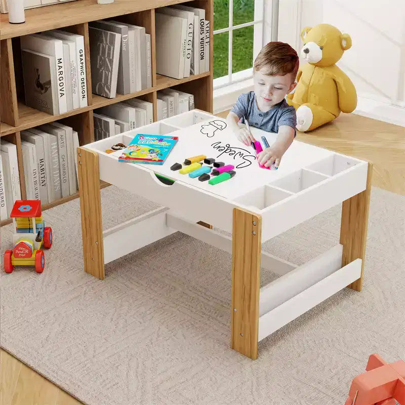Table de jeu 2-en-1 pour enfants, table d'activités et d'apprentissage moderne avec 6 compartiments de rangement compatibles avec les blocs de construction, mobilier de jeu