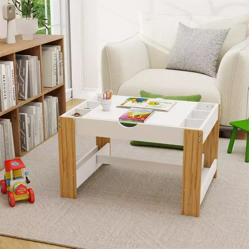 Table de jeu 2-en-1 pour enfants, table d'activités et d'apprentissage moderne avec 6 compartiments de rangement compatibles avec les blocs de construction, mobilier de jeu