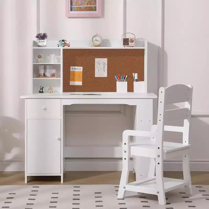 COZONY Bureau et Chaise pour Enfants, Bureau d'étude en Bois avec Étagère, Tableau d'affichage, Tiroir, Armoire pour Garçons et Filles, Chaise Réglable, pour les 3-8 Ans