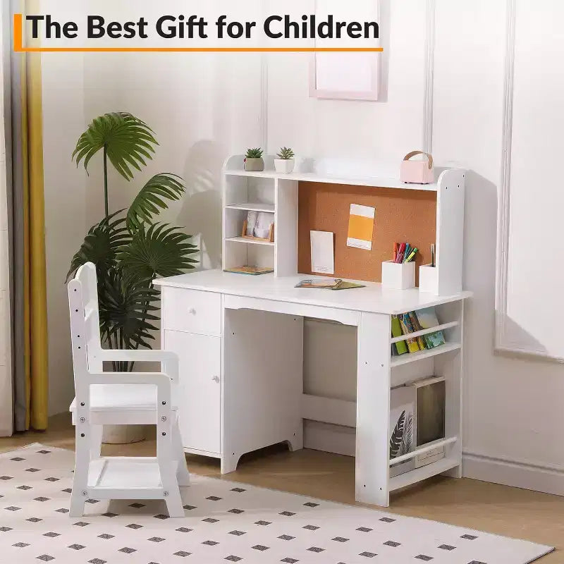 COZONY Bureau et Chaise pour Enfants, Bureau d'étude en Bois avec Étagère, Tableau d'affichage, Tiroir, Armoire pour Garçons et Filles, Chaise Réglable, pour les 3-8 Ans