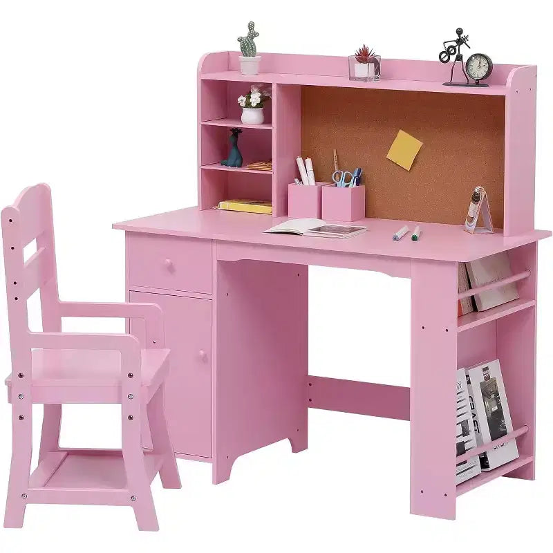 COZONY Bureau et Chaise pour Enfants, Bureau d'étude en Bois avec Étagère, Tableau d'affichage, Tiroir, Armoire pour Garçons et Filles, Chaise Réglable, pour les 3-8 Ans