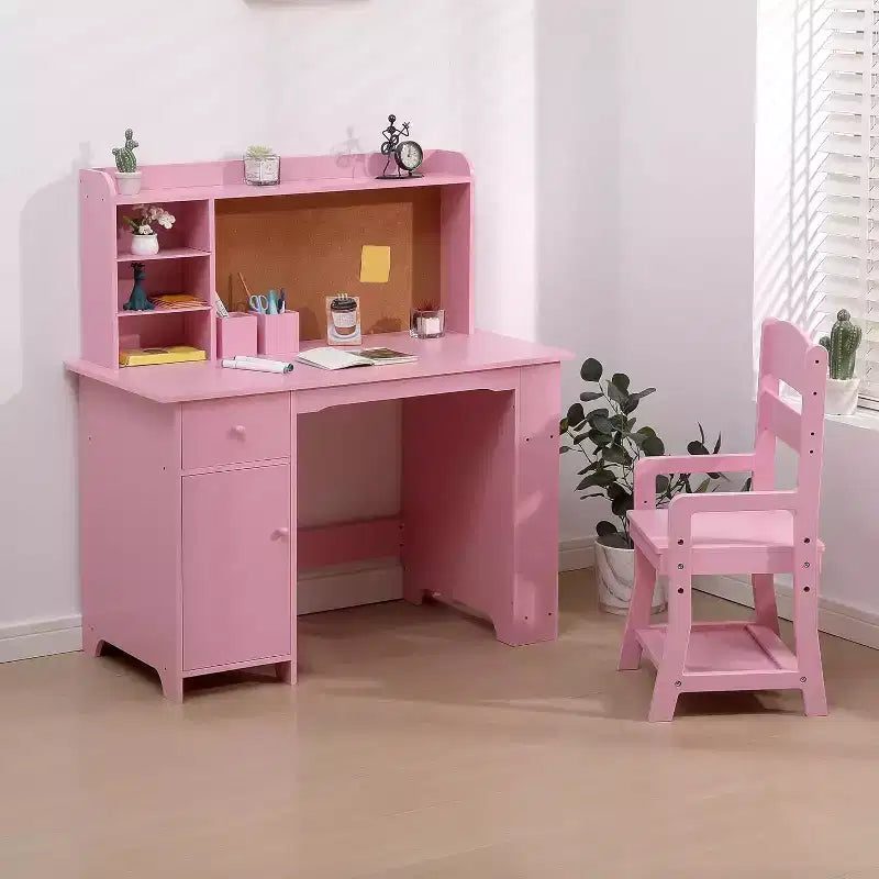 COZONY Bureau et Chaise pour Enfants, Bureau d'étude en Bois avec Étagère, Tableau d'affichage, Tiroir, Armoire pour Garçons et Filles, Chaise Réglable, pour les 3-8 Ans