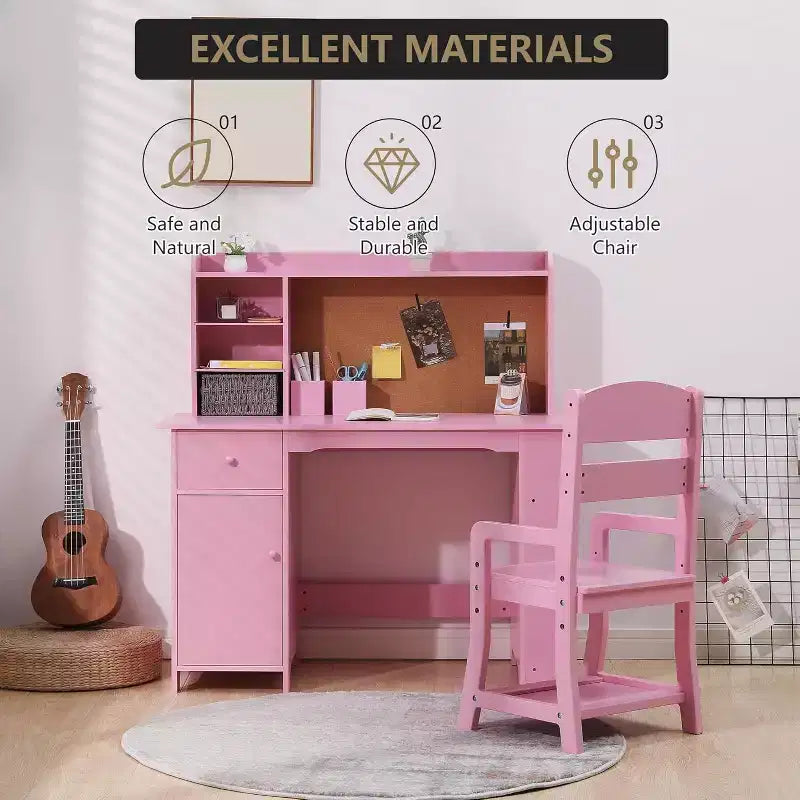 COZONY Bureau et Chaise pour Enfants, Bureau d'étude en Bois avec Étagère, Tableau d'affichage, Tiroir, Armoire pour Garçons et Filles, Chaise Réglable, pour les 3-8 Ans