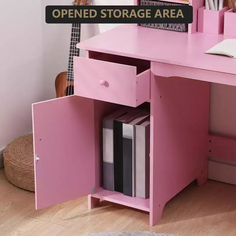 COZONY Bureau et Chaise pour Enfants, Bureau d'étude en Bois avec Étagère, Tableau d'affichage, Tiroir, Armoire pour Garçons et Filles, Chaise Réglable, pour les 3-8 Ans