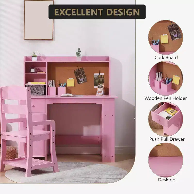 COZONY Bureau et Chaise pour Enfants, Bureau d'étude en Bois avec Étagère, Tableau d'affichage, Tiroir, Armoire pour Garçons et Filles, Chaise Réglable, pour les 3-8 Ans
