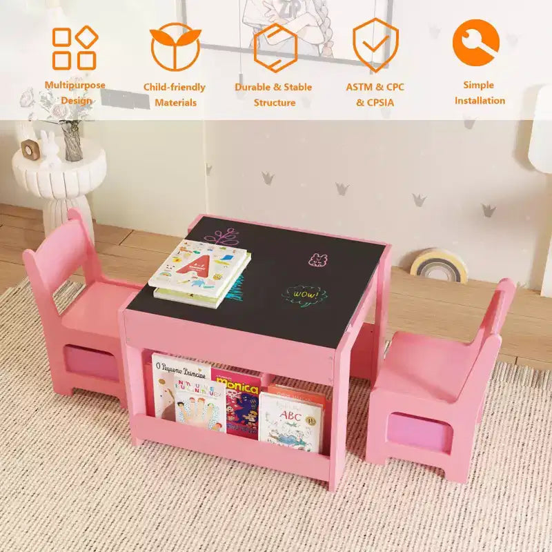 Table et chaises d'activités 3 en 1 pour enfants GustoWave, avec 2 chaises, bureau d'art pour tout-petits pour la maison, la garderie, la salle de jeux
