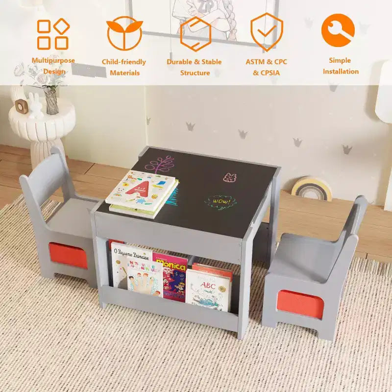 Table et chaises d'activités 3 en 1 pour enfants GustoWave, avec 2 chaises, bureau d'art pour tout-petits pour la maison, la garderie, la salle de jeux