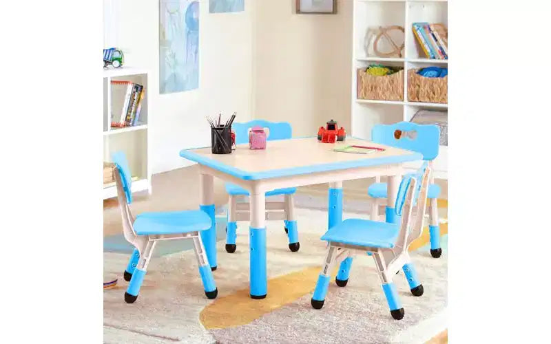 GustoWave Kids Table&Chairs Set (4-Piece) Height Adjustable - 32 Wipe-Clean Craft Table with Anti-Slip Legs & Organizer