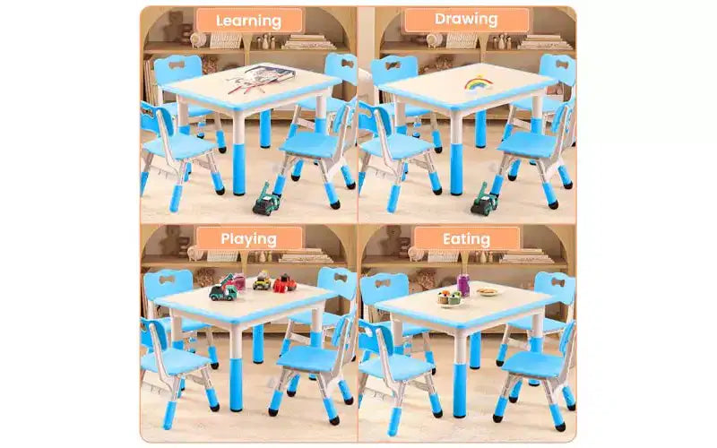 Ensemble table et chaises pour enfants GustoWave (4 pièces) réglable en hauteur - Table à activités essuyable de 32 pouces avec pieds antidérapants et organisateur