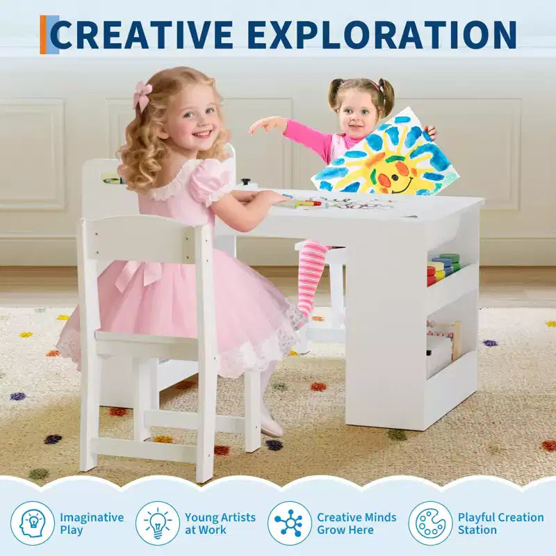Table d'art pour enfants avec chaises, Meubles en bois pour enfants, Table de loisirs créatifs avec grandes étagères de rangement, Bureau de dessin en bois, pour salles de classe, garderies, maison