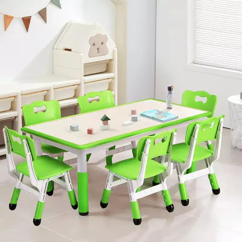 Children's desk and chair set, height-adjustable desk, 6 seats, suitable for children aged 2-10, with doodle tabletop and non-slip legs