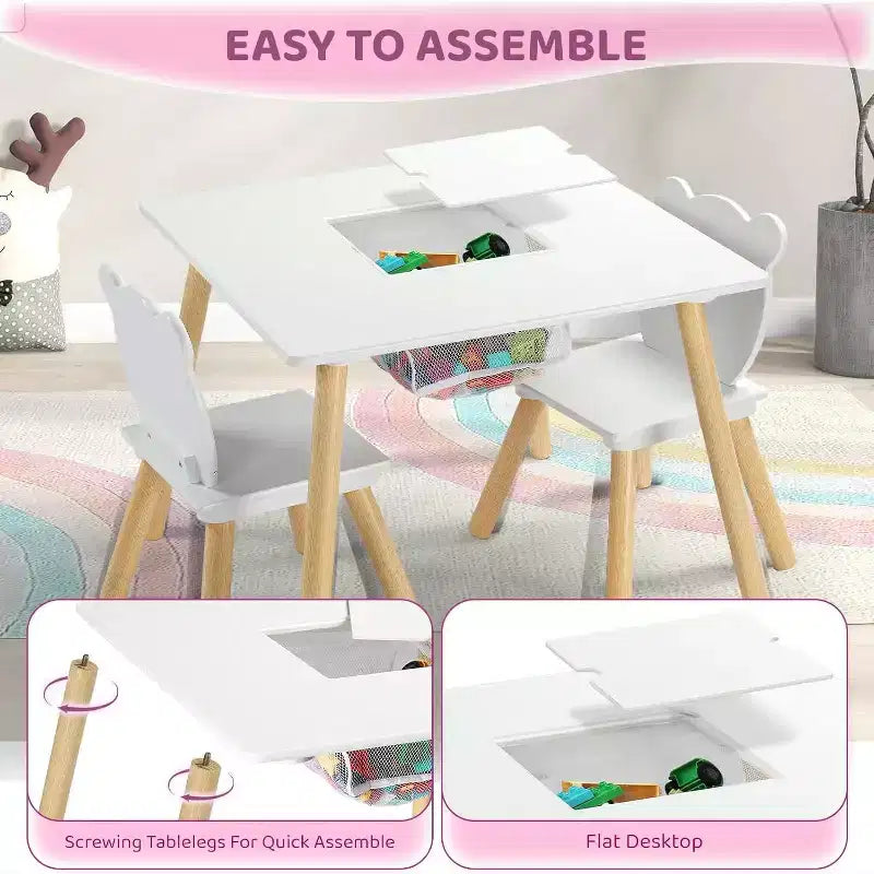 Table et 2 chaises pour enfants JOYMOR 3-en-1 avec chaises oreilles de panda, plateau amovible et rangement pour les 2-5 ans