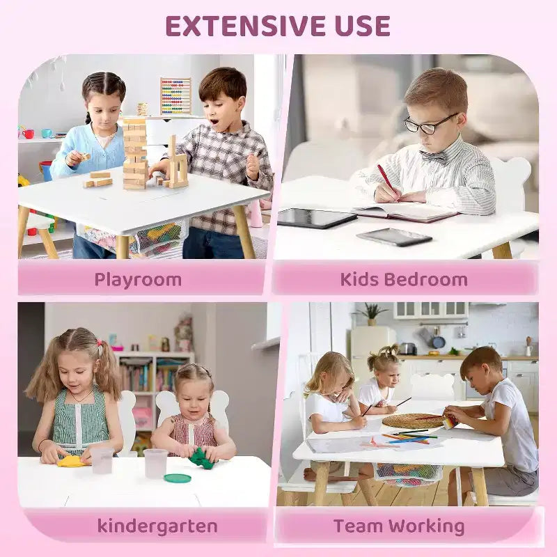 Table et 2 chaises pour enfants JOYMOR 3-en-1 avec chaises oreilles de panda, plateau amovible et rangement pour les 2-5 ans