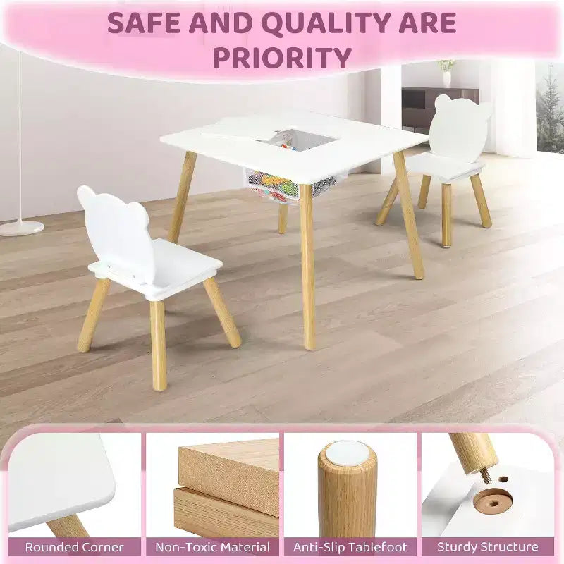 Table et 2 chaises pour enfants JOYMOR 3-en-1 avec chaises oreilles de panda, plateau amovible et rangement pour les 2-5 ans