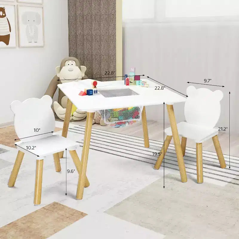 Table et 2 chaises pour enfants JOYMOR 3-en-1 avec chaises oreilles de panda, plateau amovible et rangement pour les 2-5 ans