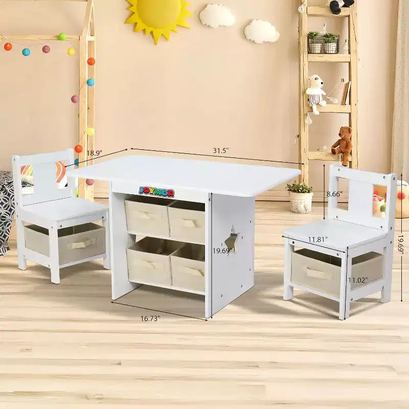 Table et chaises pour enfants JOYMOR avec 6 tiroirs, bureau d'activités pour tout-petits en bois massif pour l'art et les études, 3-8 ans, blanc