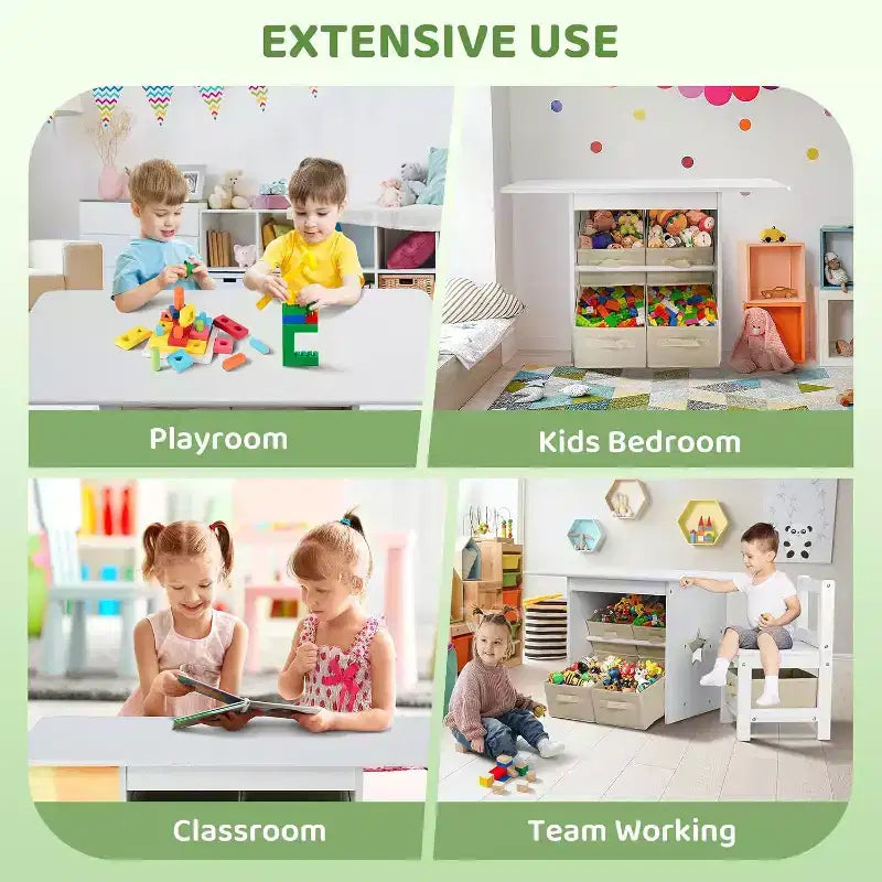 Table et chaises pour enfants JOYMOR avec 6 tiroirs, bureau d'activités pour tout-petits en bois massif pour l'art et les études, 3-8 ans, blanc