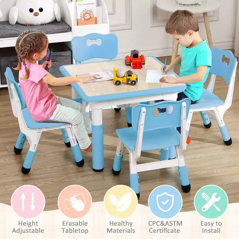 Table et 4 chaises pour enfants, bureau d'activités artistiques et manuelles réglable en hauteur pour les 2-10 ans, pieds antidérapants, charge maximale de 136 kg pour salles de classe, garderies, maison