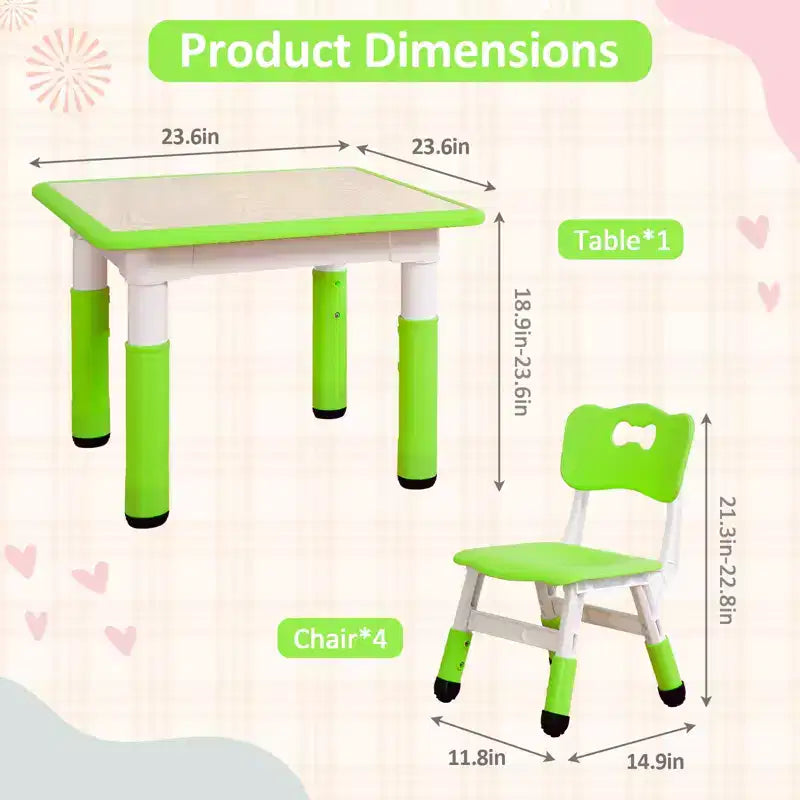 Table et 4 chaises pour enfants, bureau d'activités artistiques et manuelles réglable en hauteur pour les 2-10 ans, pieds antidérapants, charge maximale de 136 kg pour salles de classe, garderies, maison