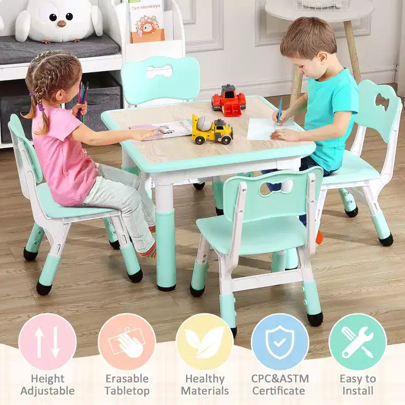 Table et 4 chaises pour enfants, bureau d'activités artistiques et manuelles réglable en hauteur pour les 2-10 ans, pieds antidérapants, charge maximale de 136 kg pour salles de classe, garderies, maison