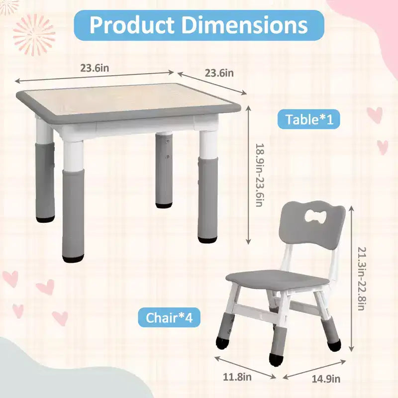 Table et 4 chaises pour enfants, bureau d'activités artistiques et manuelles réglable en hauteur pour les 2-10 ans, pieds antidérapants, charge maximale de 136 kg pour salles de classe, garderies, maison