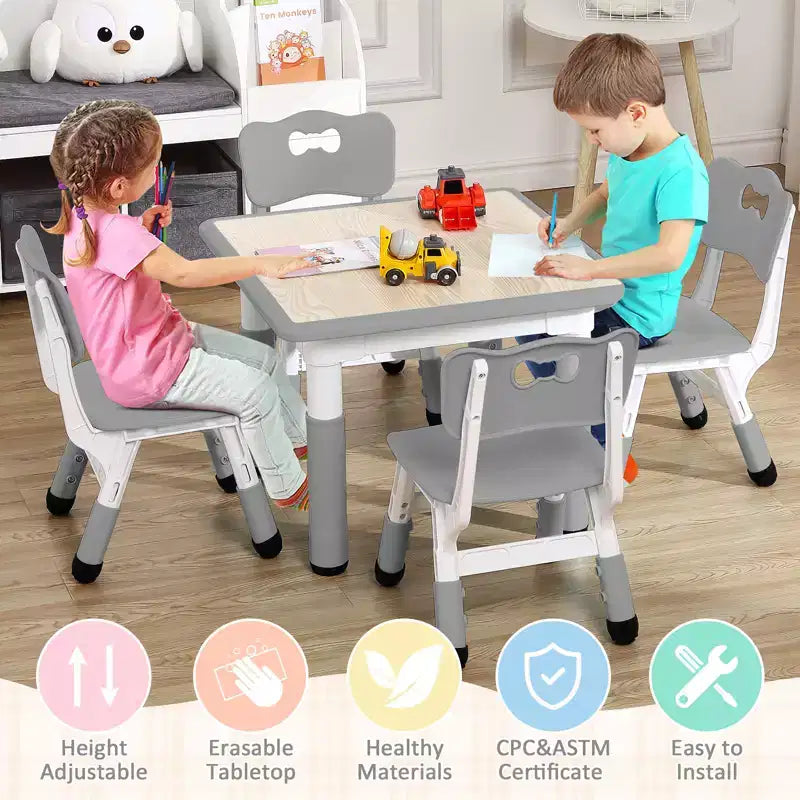 Table et 4 chaises pour enfants, bureau d'activités artistiques et manuelles réglable en hauteur pour les 2-10 ans, pieds antidérapants, charge maximale de 136 kg pour salles de classe, garderies, maison