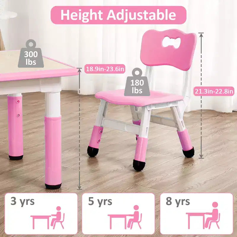 Table et 4 chaises pour enfants, bureau d'activités artistiques et manuelles réglable en hauteur pour les 2-10 ans, pieds antidérapants, charge maximale de 136 kg pour salles de classe, garderies, maison