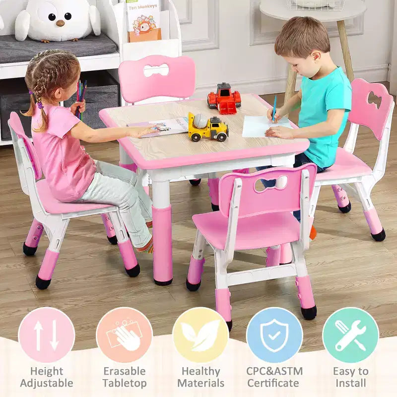 Table et 4 chaises pour enfants, bureau d'activités artistiques et manuelles réglable en hauteur pour les 2-10 ans, pieds antidérapants, charge maximale de 136 kg pour salles de classe, garderies, maison