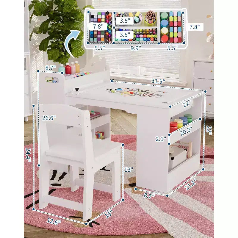 Table d'art pour enfants de 49 pouces, grande table d'activités pour enfants avec 2 chaises, bureau d'art multifonctionnel avec étagères de rangement pour chambre d'enfant, jardin d'enfants, blanc