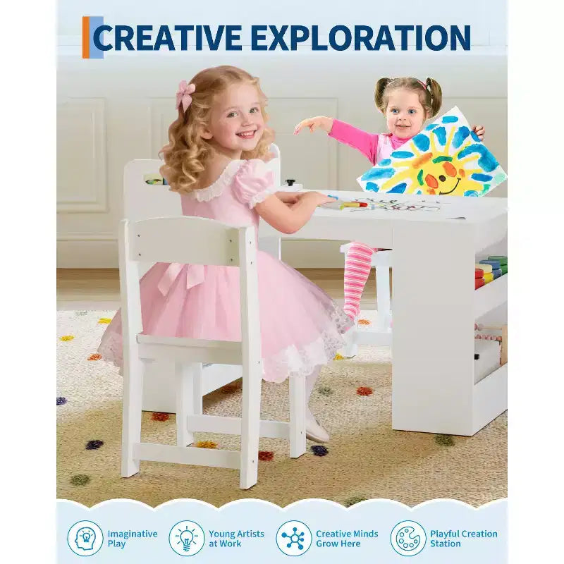 Table d'art pour enfants de 49 pouces, grande table d'activités pour enfants avec 2 chaises, bureau d'art multifonctionnel avec étagères de rangement pour chambre d'enfant, jardin d'enfants, blanc