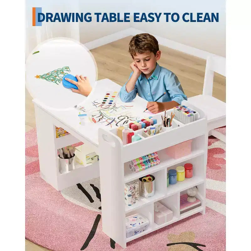 Table d'art pour enfants de 49 pouces, grande table d'activités pour enfants avec 2 chaises, bureau d'art multifonctionnel avec étagères de rangement pour chambre d'enfant, jardin d'enfants, blanc