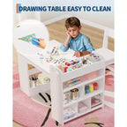Table d'art pour enfants de 49 pouces, grande table d'activités pour enfants avec 2 chaises, bureau d'art multifonctionnel avec étagères de rangement pour chambre d'enfant, jardin d'enfants, blanc