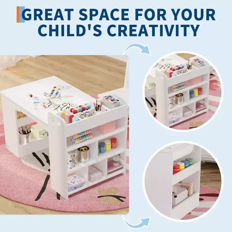 Table d'art pour enfants de 49 pouces, grande table d'activités pour enfants avec 2 chaises, bureau d'art multifonctionnel avec étagères de rangement pour chambre d'enfant, jardin d'enfants, blanc