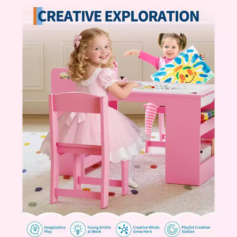 Table d'art pour enfants de 49 pouces, grande table d'activités pour enfants avec 2 chaises, bureau d'art multifonctionnel avec étagères de rangement pour chambre d'enfant, jardin d'enfants, blanc