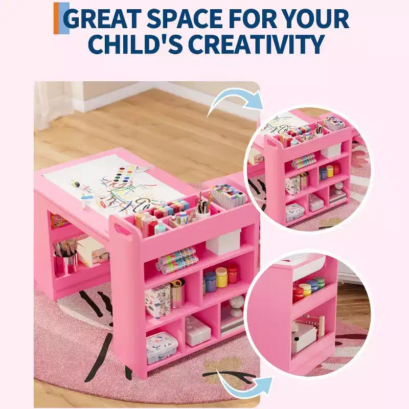 Table d'art pour enfants de 49 pouces, grande table d'activités pour enfants avec 2 chaises, bureau d'art multifonctionnel avec étagères de rangement pour chambre d'enfant, jardin d'enfants, blanc