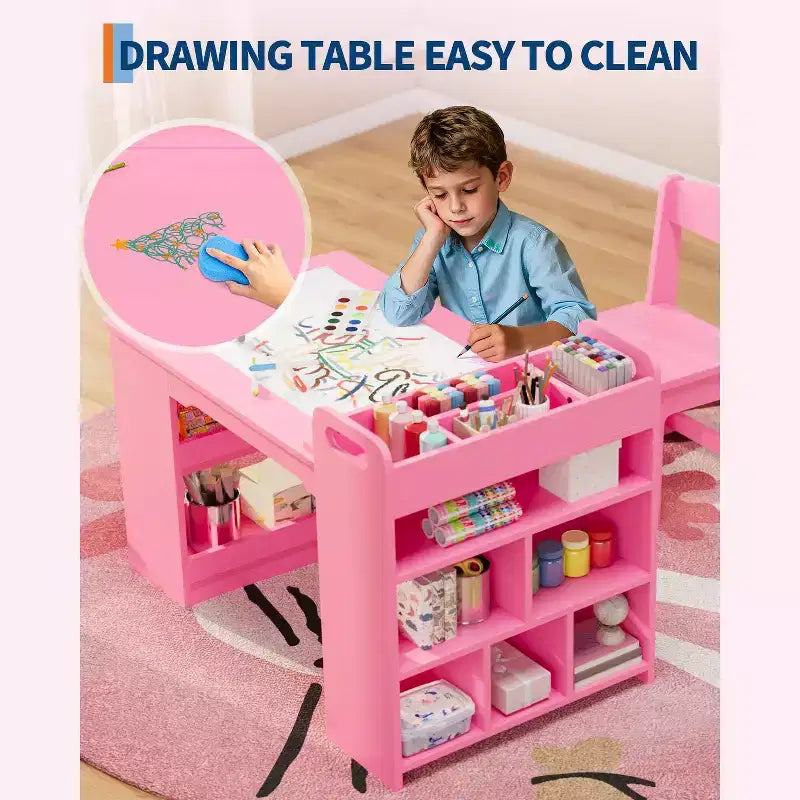 Table d'art pour enfants de 49 pouces, grande table d'activités pour enfants avec 2 chaises, bureau d'art multifonctionnel avec étagères de rangement pour chambre d'enfant, jardin d'enfants, blanc