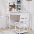 GustoWave Kids Desk and Chair Set, Wooden Corner Study Table with Bookshelf, Bulletin Board, and Pen Holder, Writing Table, White