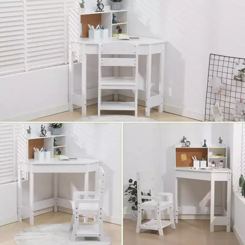 Ensemble bureau et chaise enfant GustoWave, Table d'étude d'angle en bois avec étagère, tableau d'affichage et porte-stylos, Table d'écriture, Blanc